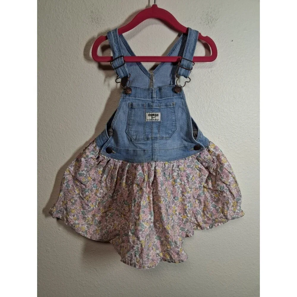 Osh Kosh B'Gosh Overalls Dress Denim Floral Boho Retro Girls Size 4T